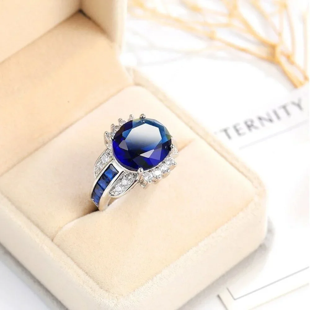 Jewelry ring statement blue sapphire 925 sterling silver engagement fashion new